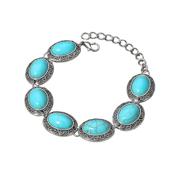 Tigerstars Vintage Turquoise Oval Stone Link Bracelet - Picture 1 of 1